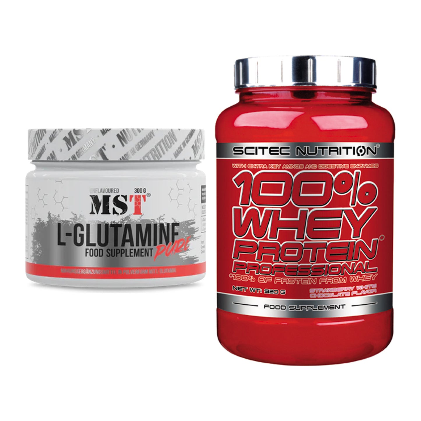 Regenerations-Duo: MST Glutamine + Scitec 100% Whey Professional – alle enthaltenen Artikel