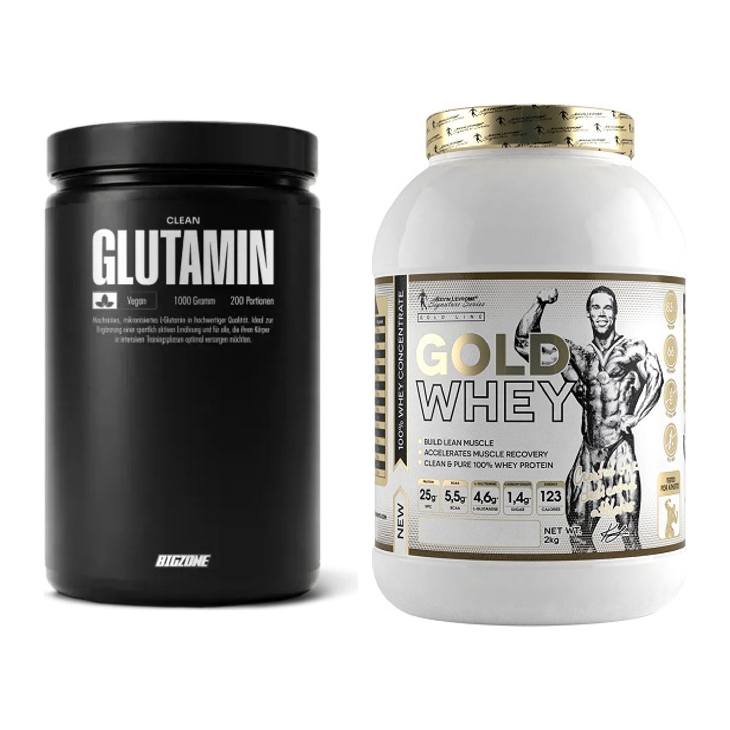 Regenerations-Duo: Big Zone Glutamin + Kevin Levrone Gold Whey – alle enthaltenen Artikel