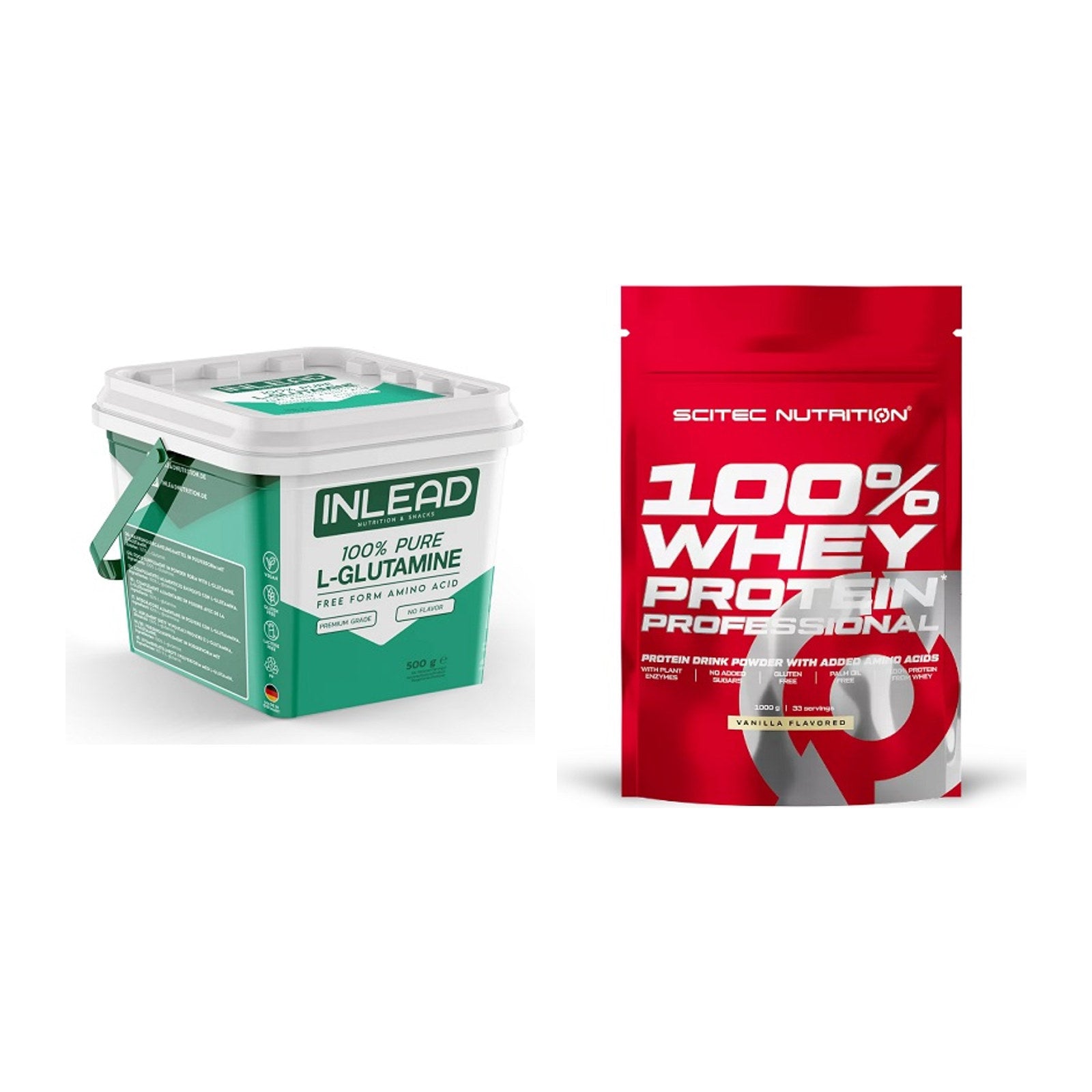 Regenerations-Duo: INLEAD L-Glutamine + Scitec 100% Whey Protein – alle enthaltenen Artikel