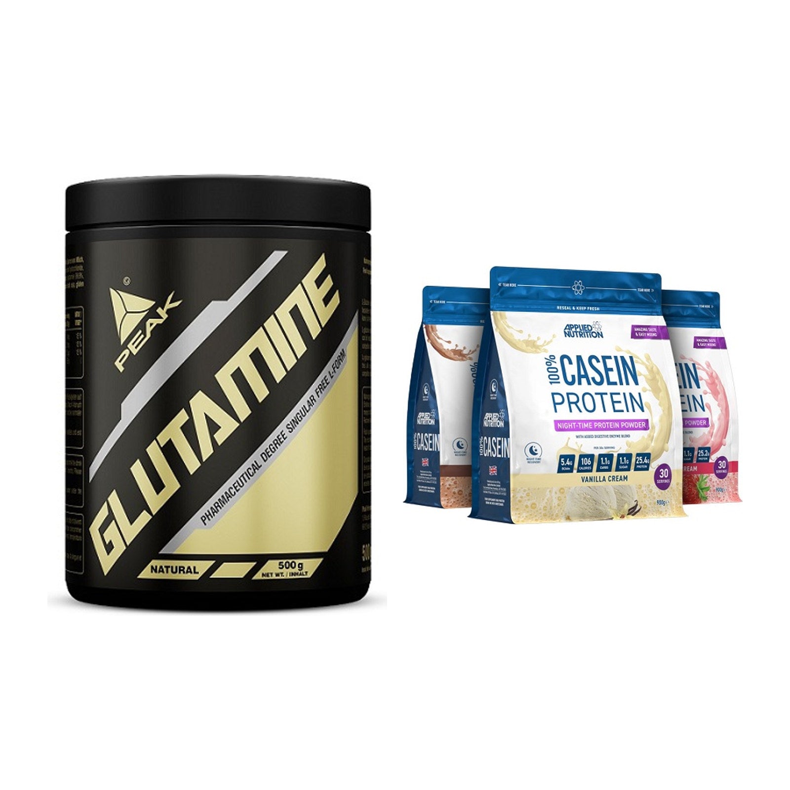 Regenerations-Duo: Peak Glutamin + Applied Nutrition 100% Casein – alle enthaltenen Artikel