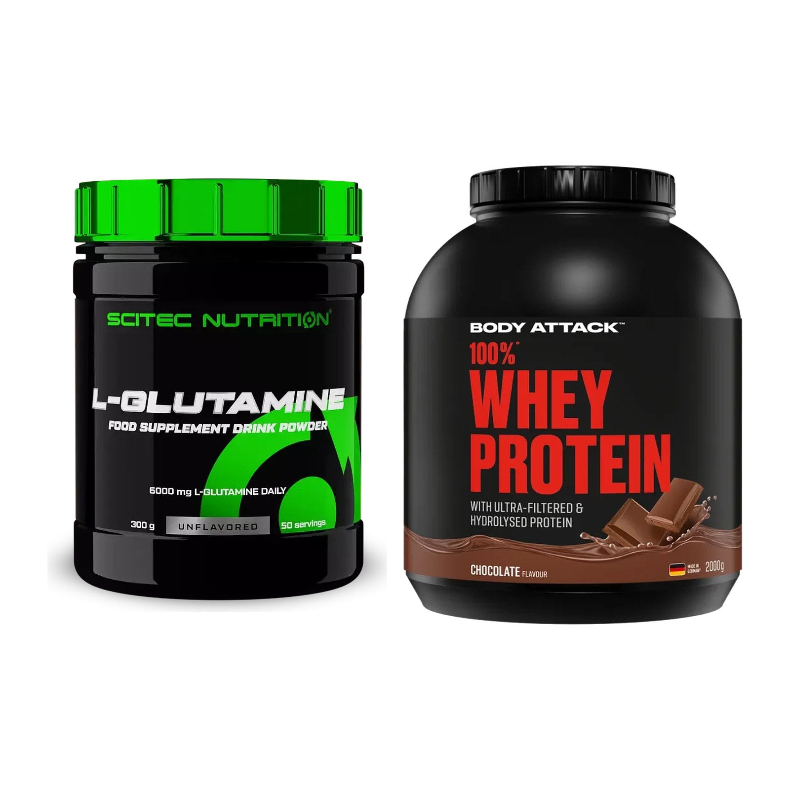 Regenerations-Duo: Scitec L-Glutamin + Body Attack 100% Whey Protein – alle enthaltenen Artikel