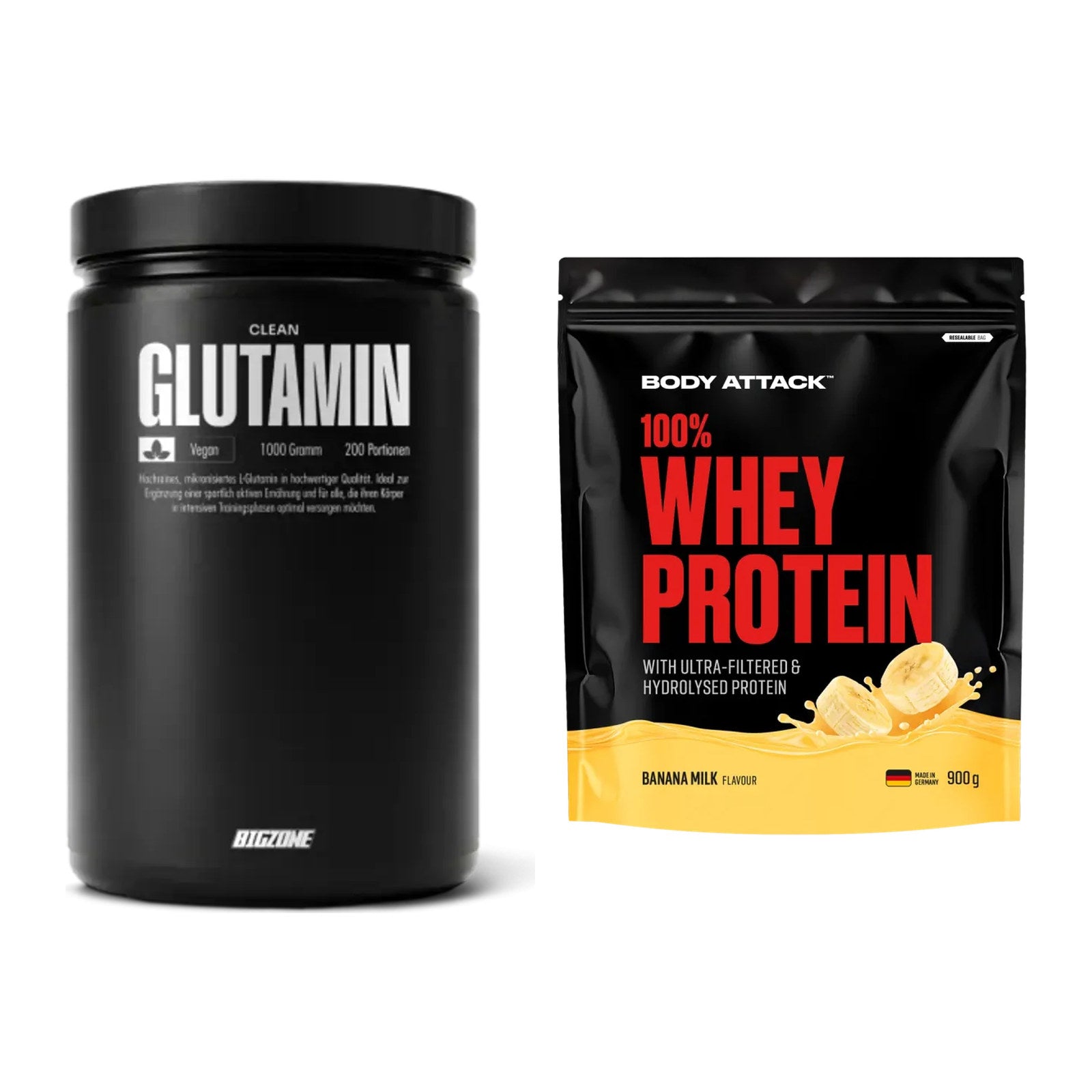 Regenerations-Duo: Big Zone Glutamin + Body Attack 100% Whey Protein – alle enthaltenen Artikel