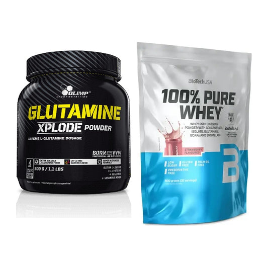 Regenerations-Duo: Olimp L-Glutamine Xplode + BioTech 100% Pure Whey – alle enthaltenen Artikel