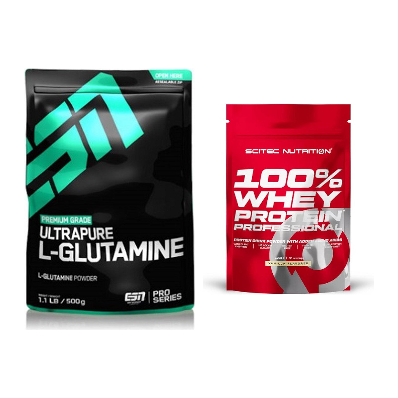 Regenerations-Duo: ESN Ultrapure L-Glutamin + Scitec 100% Whey Protein – alle enthaltenen Artikel