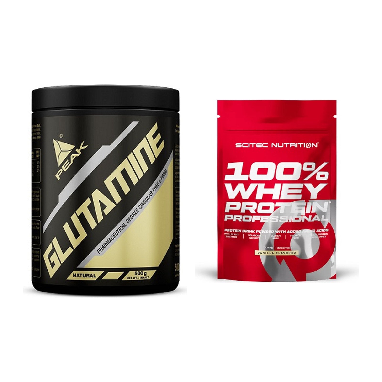 Regenerations-Duo: Peak Glutamin + Scitec 100% Whey Protein – alle enthaltenen Artikel