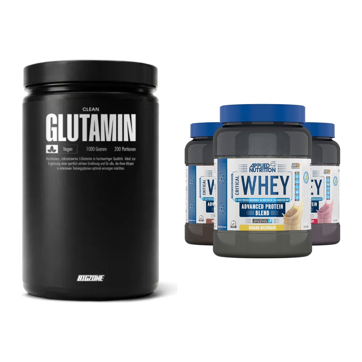 Regenerations-Duo: Big Zone Glutamin + Applied Nutrition Critical Whey – alle enthaltenen Artikel