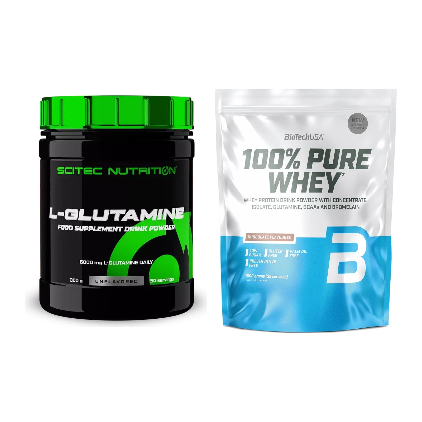 Regenerations-Duo: Scitec L-Glutamin + BioTech 100% Pure Whey – alle enthaltenen Artikel