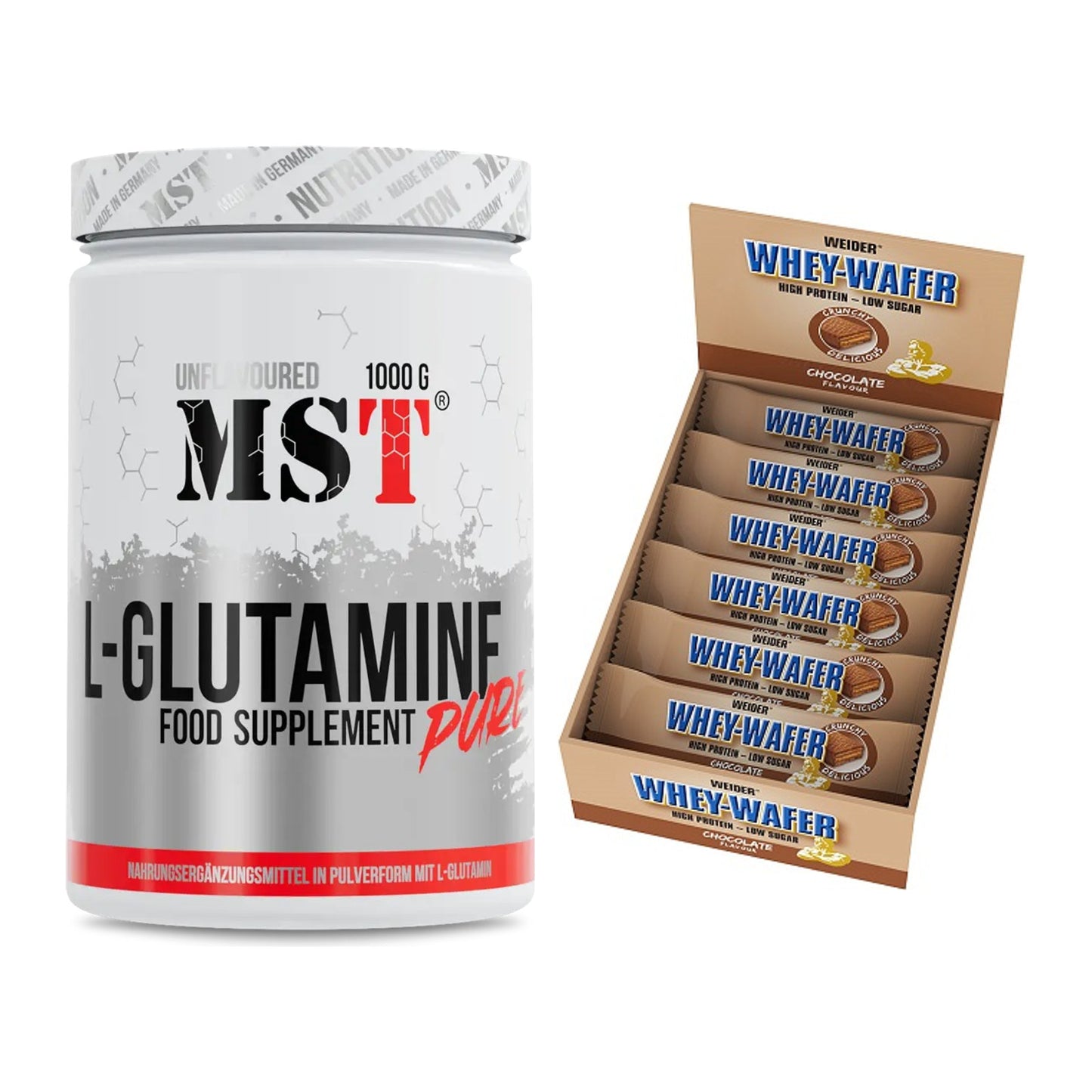 Regenerations-Duo: MST Glutamine + Weider Whey Wafer – alle enthaltenen Artikel