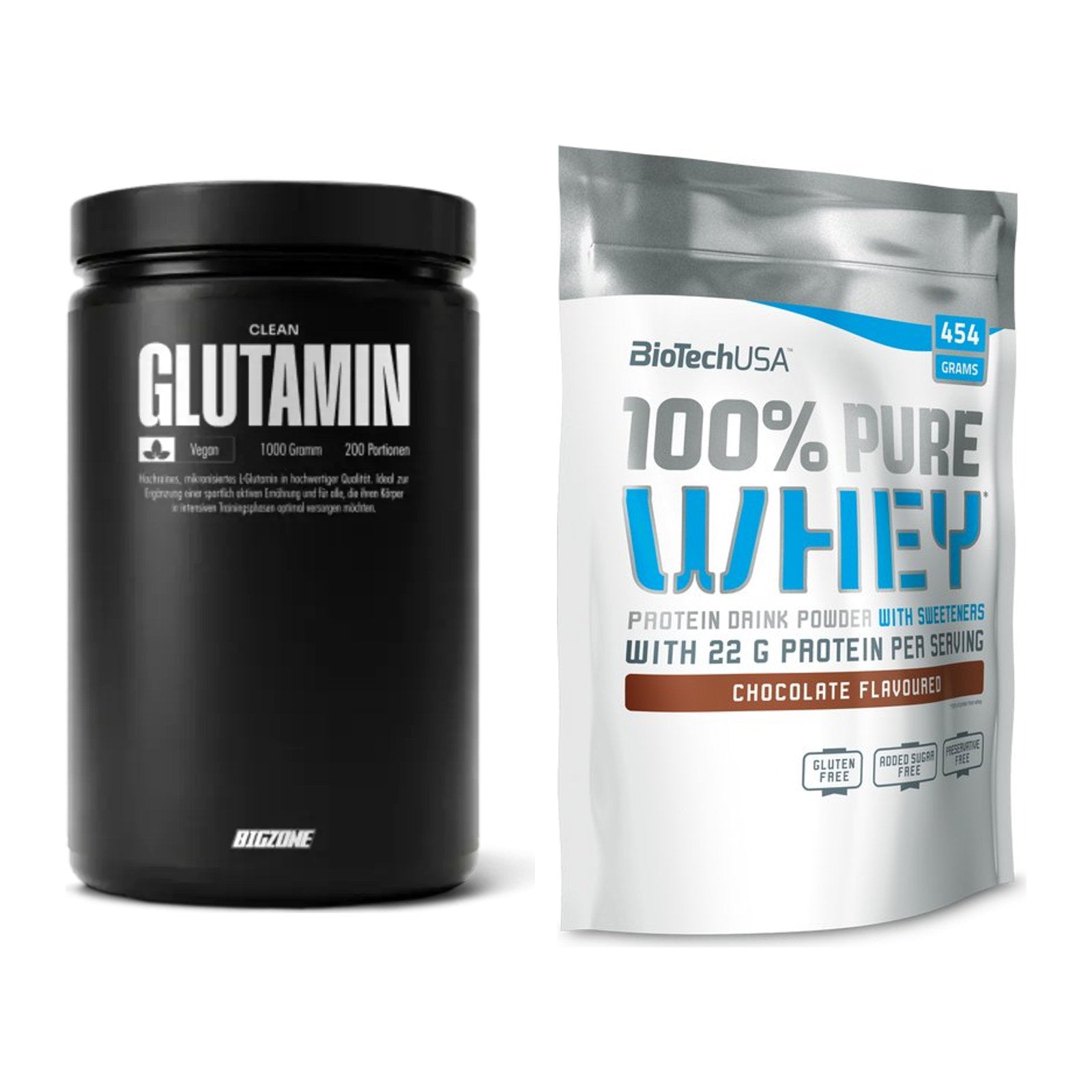 Regenerations-Duo: Big Zone Glutamin + BioTech 100% Pure Whey – alle enthaltenen Artikel