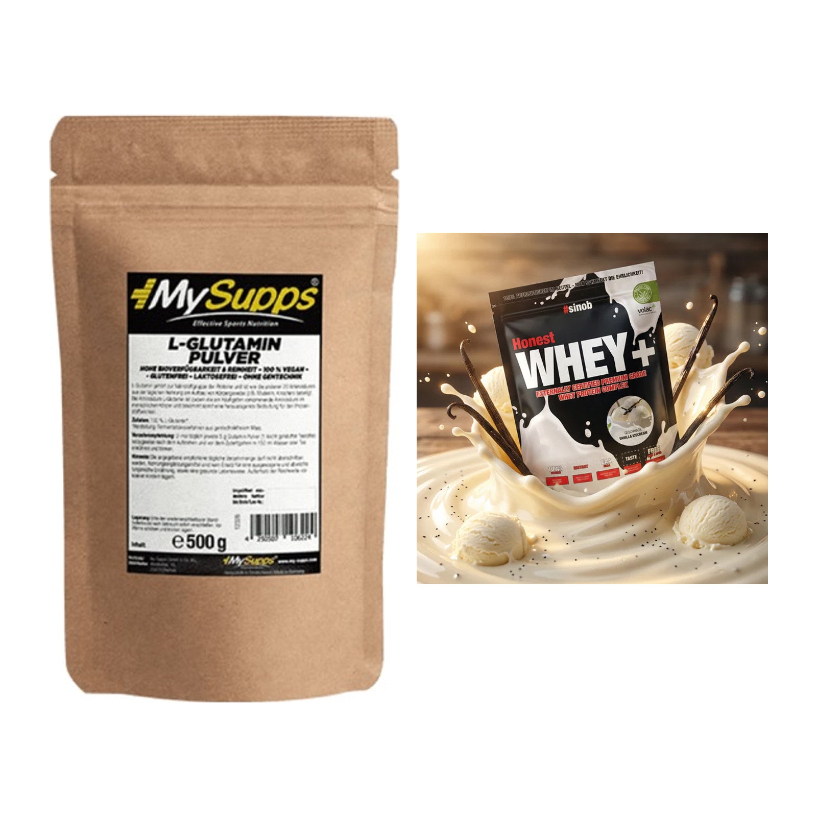 Regenerations-Duo: MySupps Glutamine + Sinob Honest Whey+ – alle enthaltenen Artikel