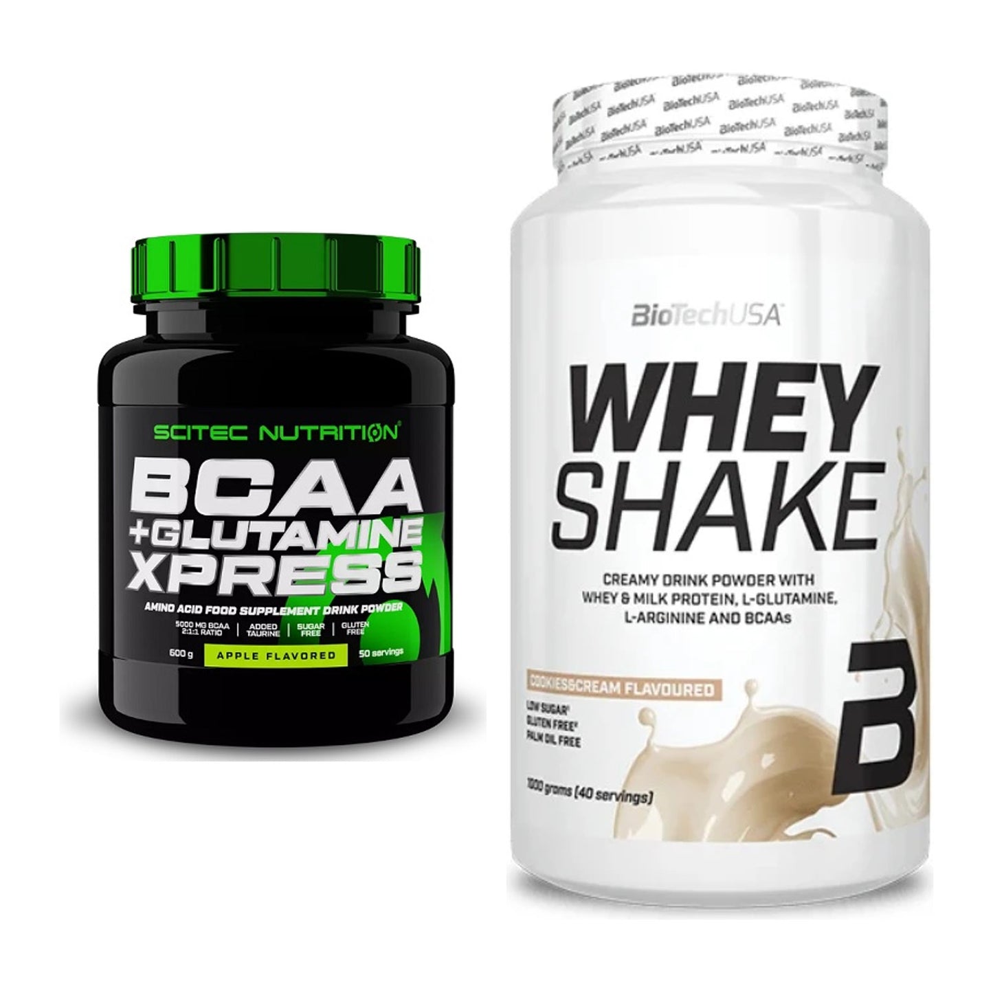 Regenerations-Duo: Scitec BCAA+ Glutamine Xpress + BioTech Whey Shake – alle enthaltenen Artikel