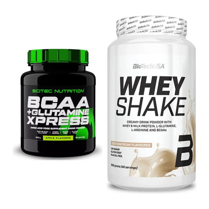 Regenerations-Duo: Scitec BCAA+ Glutamine Xpress + BioTech Whey Shake – alle enthaltenen Artikel