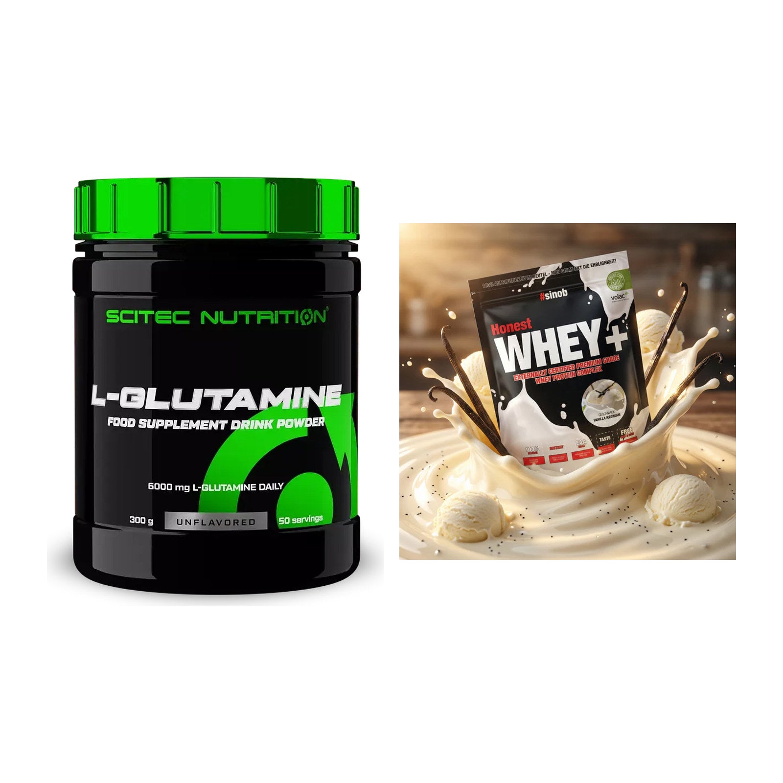 Regenerations-Duo: Scitec L-Glutamin + Sinob Honest Whey+ – alle enthaltenen Artikel