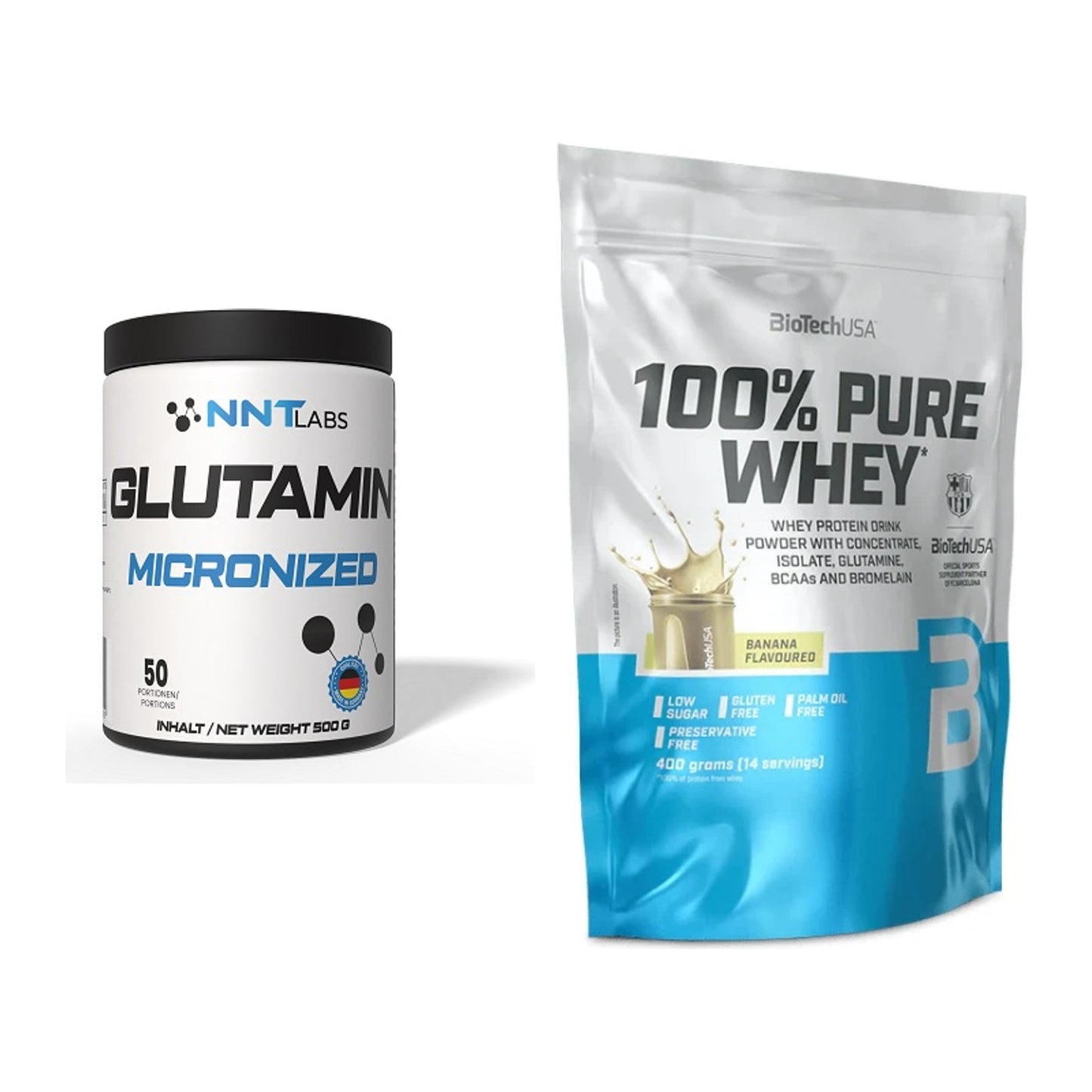 Regenerations-Duo: NNT Glutamin + BioTech 100% Pure Whey – alle enthaltenen Artikel