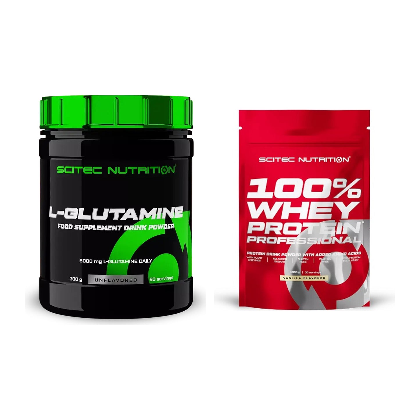 Regenerations-Duo: Scitec L-Glutamin + Scitec 100% Whey Protein – alle enthaltenen Artikel