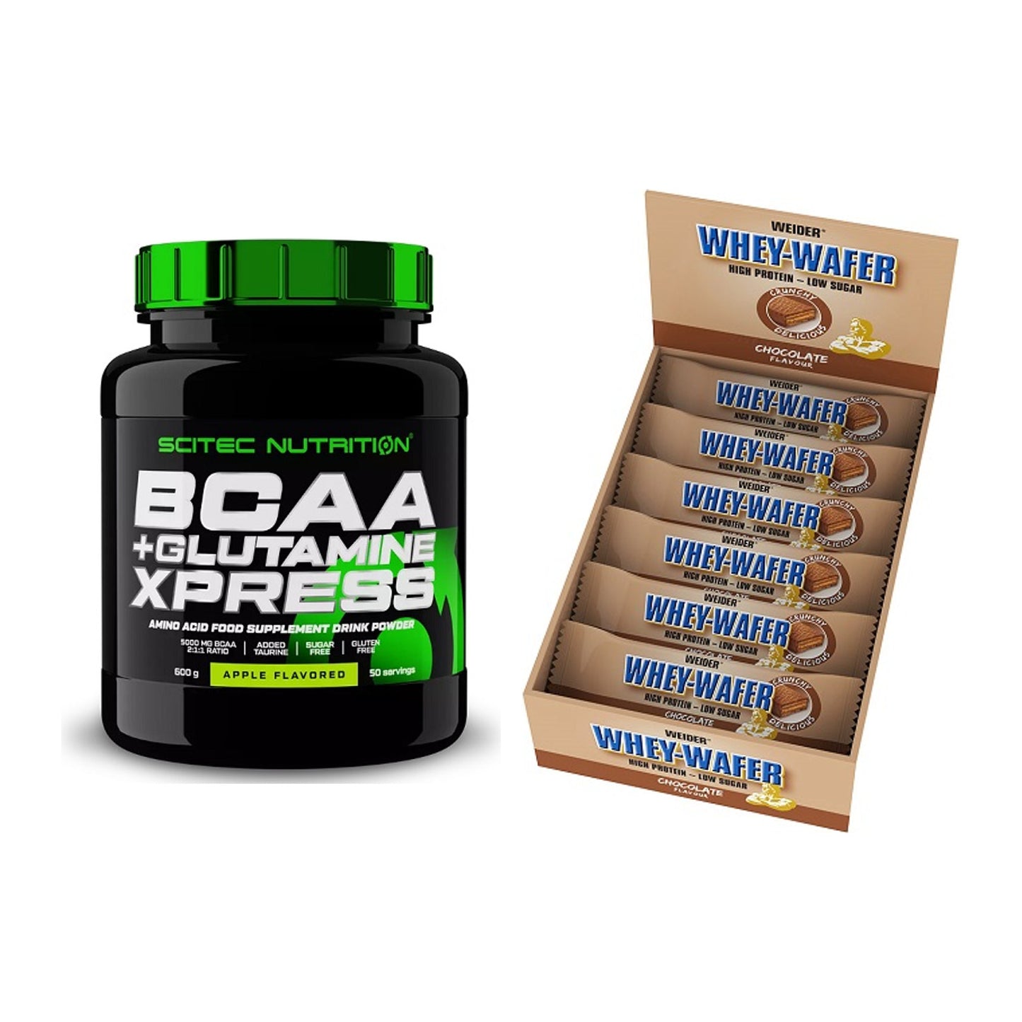 Regenerations-Duo: Scitec BCAA+ Glutamine Xpress + Weider Whey Wafer – alle enthaltenen Artikel