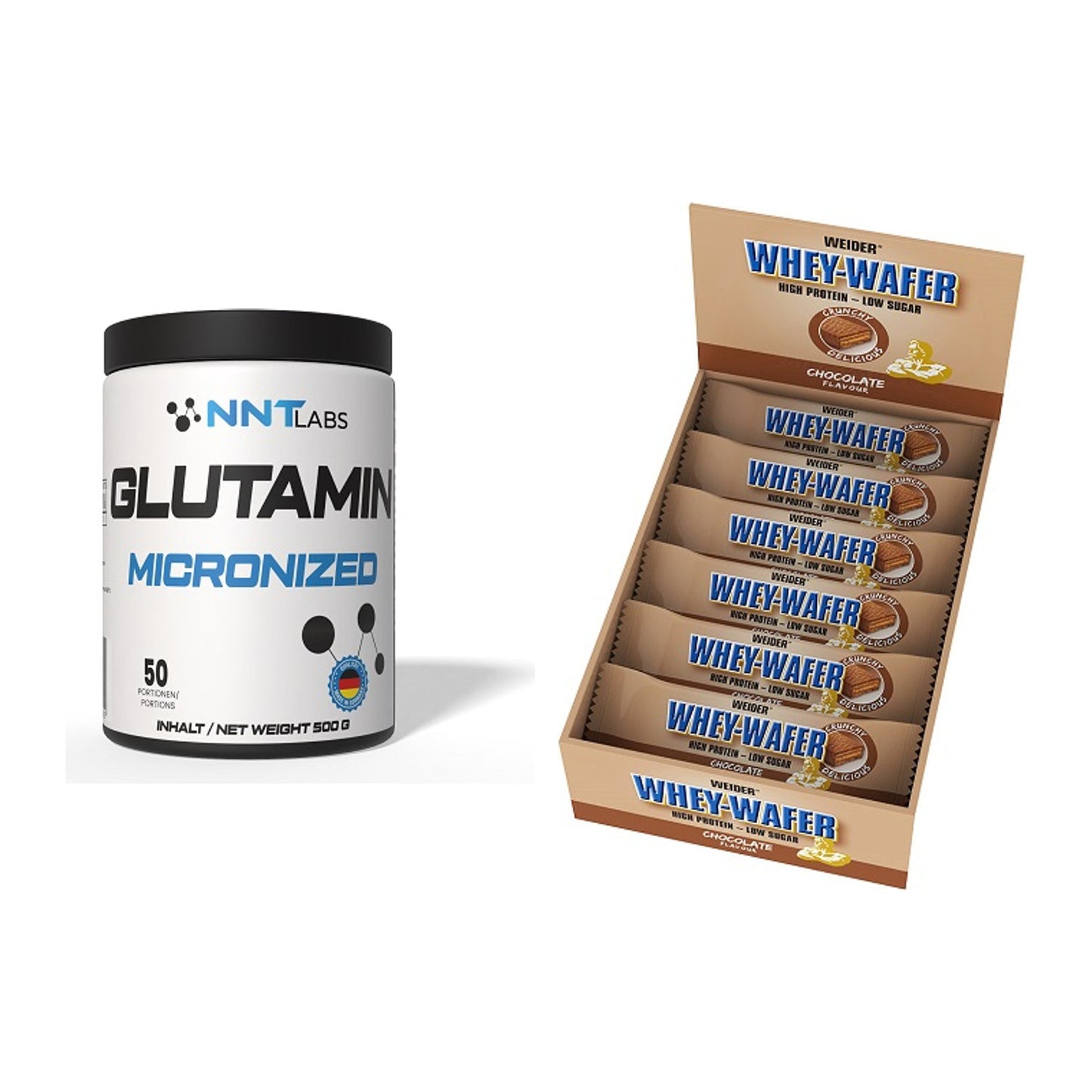 Regenerations-Duo: NNT Glutamin + Weider Whey Wafer – alle enthaltenen Artikel