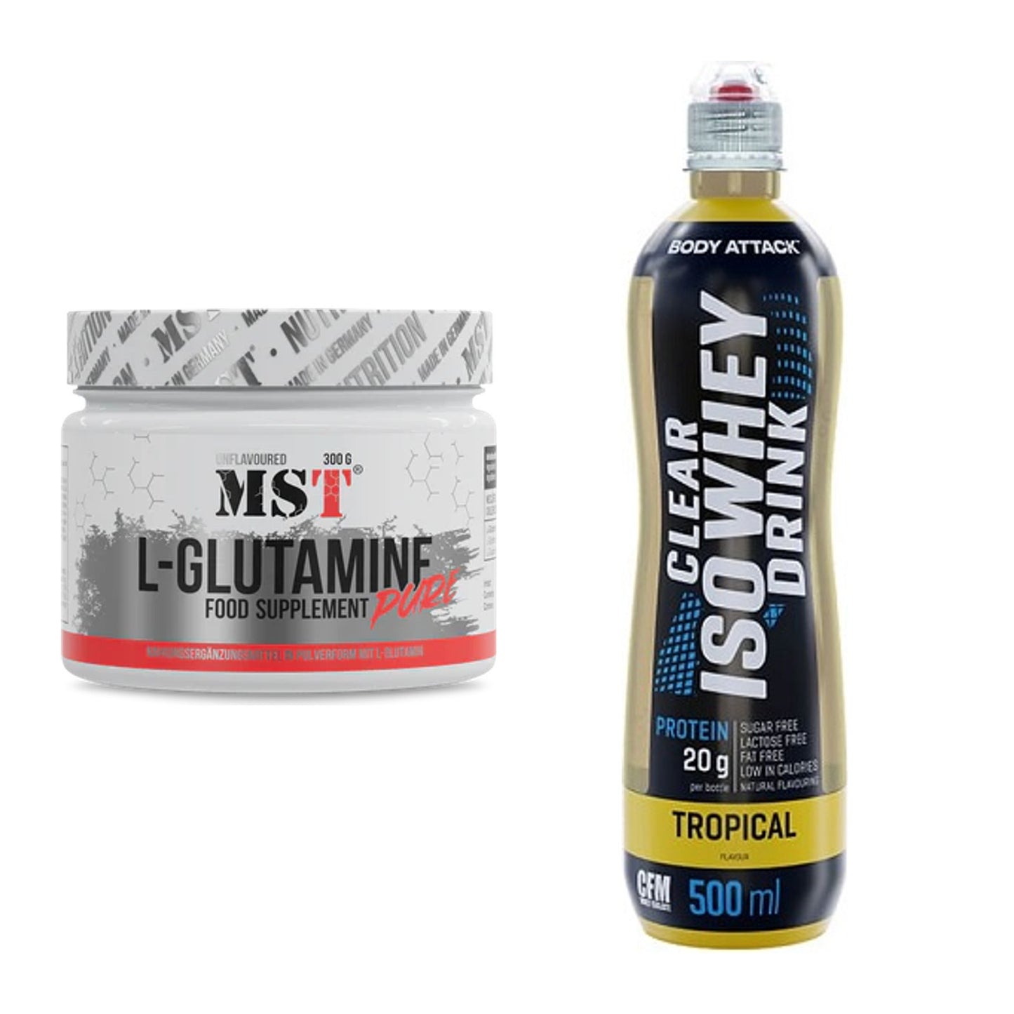 Regenerations-Duo: MST Glutamine + Body Attack Clear Iso Whey Drink – alle enthaltenen Artikel