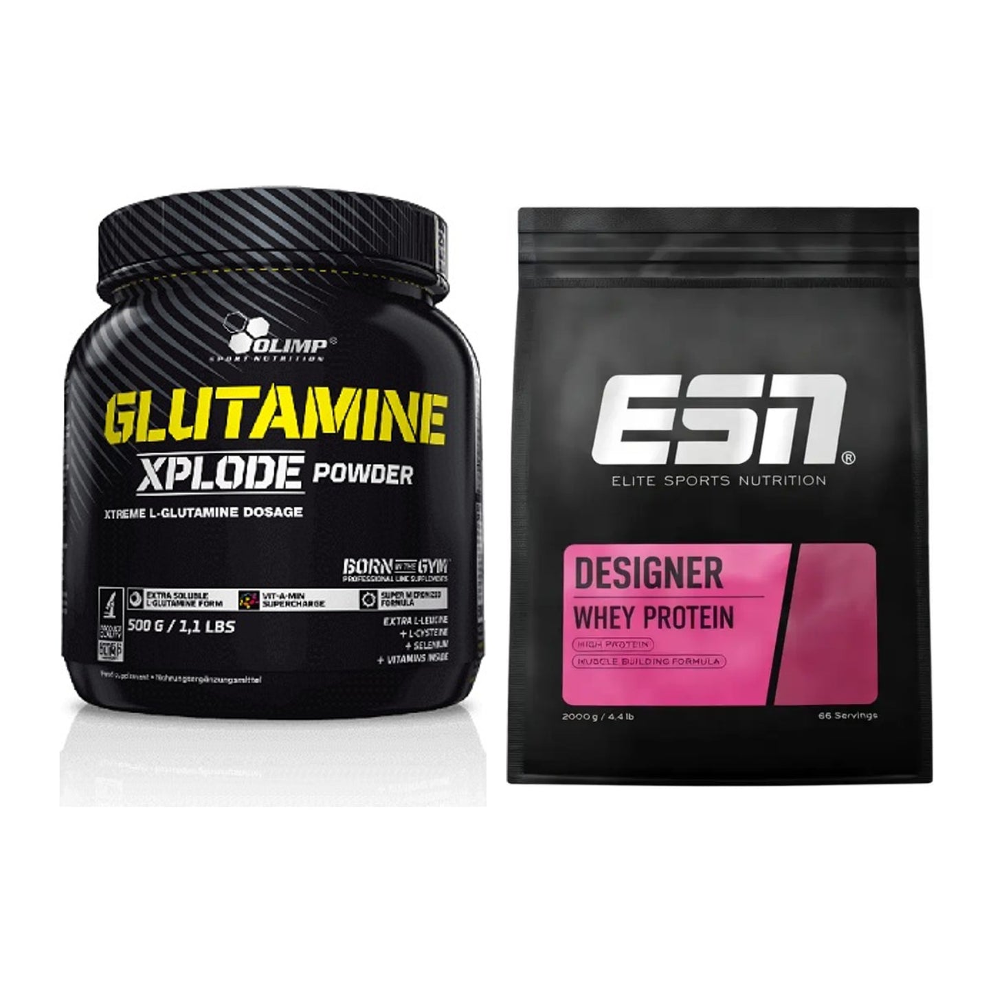Regenerations-Duo: Olimp L-Glutamine Xplode 500g + ESN Designer Whey – alle enthaltenen Artikel