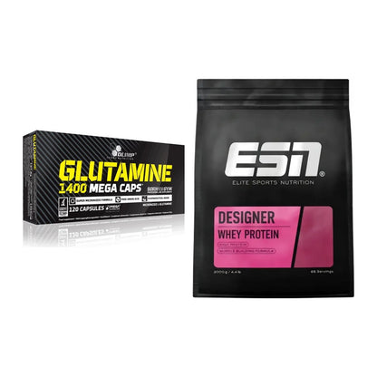 Regenerations-Duo: Olimp L-Glutamine Mega Caps + ESN Designer Whey – alle enthaltenen Artikel