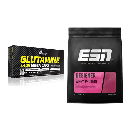 Regenerations-Duo: Olimp L-Glutamine Mega Caps + ESN Designer Whey – alle enthaltenen Artikel
