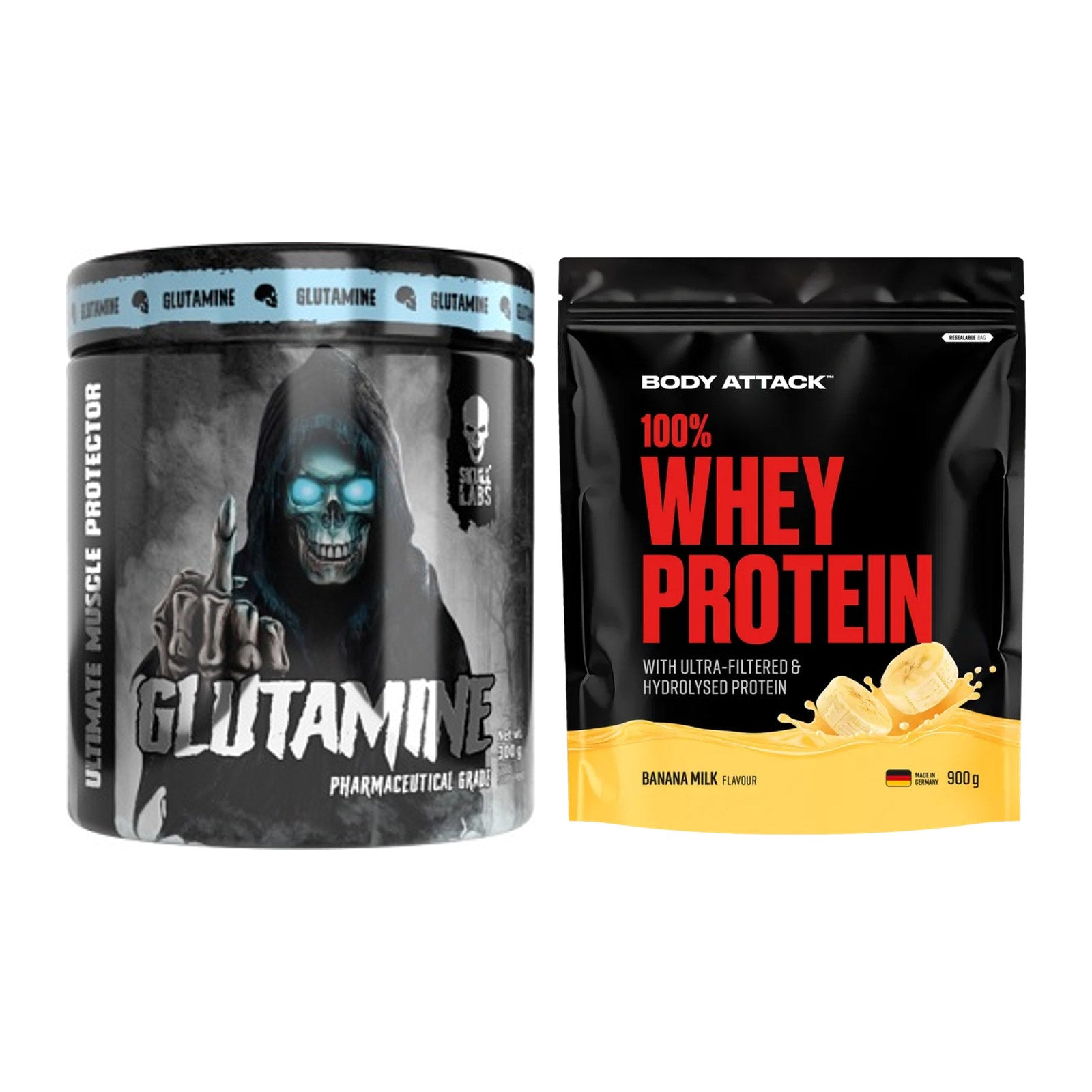 Regenerations-Duo: Skull Labs Glutamine + Body Attack 100% Whey – alle enthaltenen Artikel
