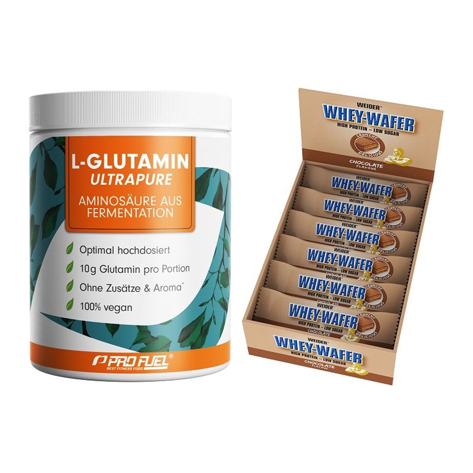 Regenerations-Duo: ProFuel Glutamin Ultrapure + Weider Whey Wafer – alle enthaltenen Artikel