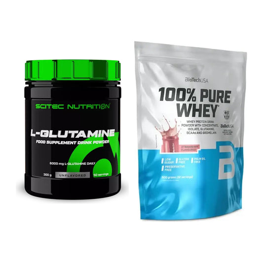 Regenerations-Duo: Scitec L-Glutamin + BioTech 100% Pure Whey – alle enthaltenen Artikel