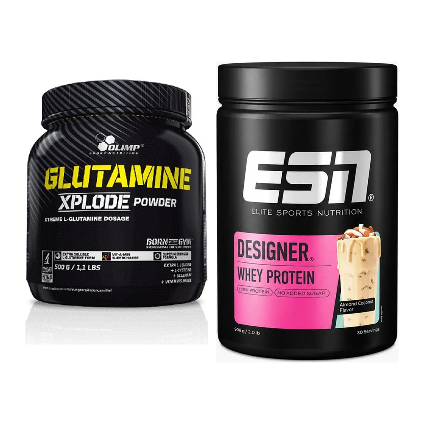 Regenerations-Duo: Olimp L-Glutamine Xplode 500g + ESN Designer Whey – alle enthaltenen Artikel