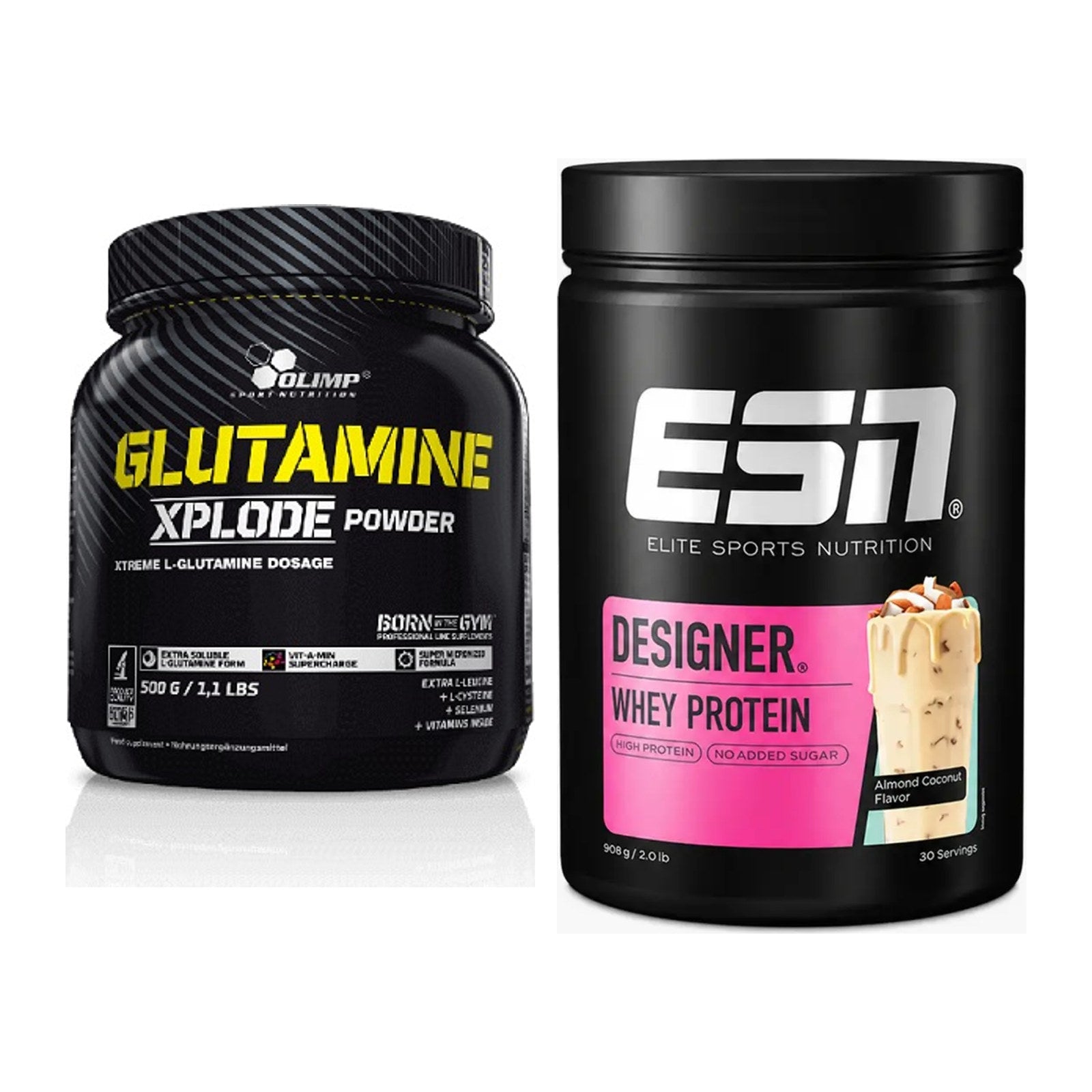 Regenerations-Duo: Olimp L-Glutamine Xplode 500g + ESN Designer Whey – alle enthaltenen Artikel