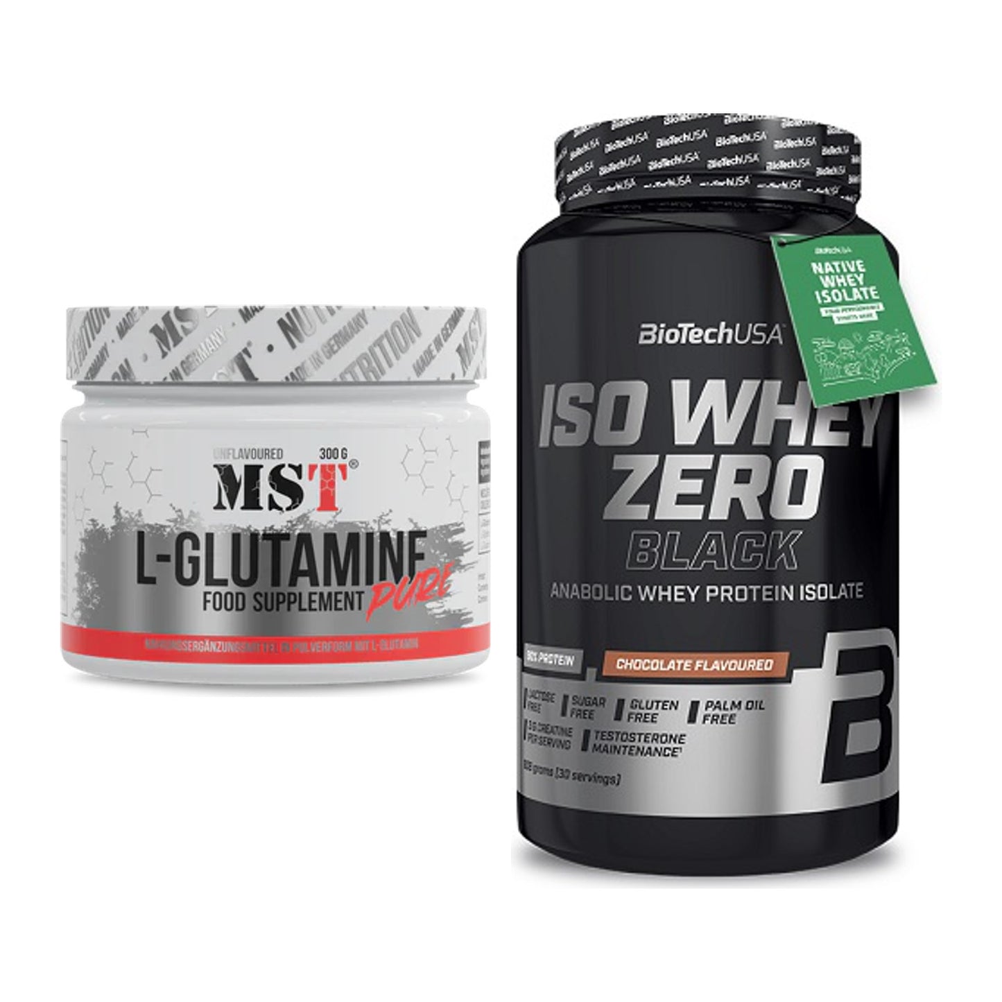 Regenerations-Duo: MST Glutamine + BioTech Iso Whey Zero Black – alle enthaltenen Artikel