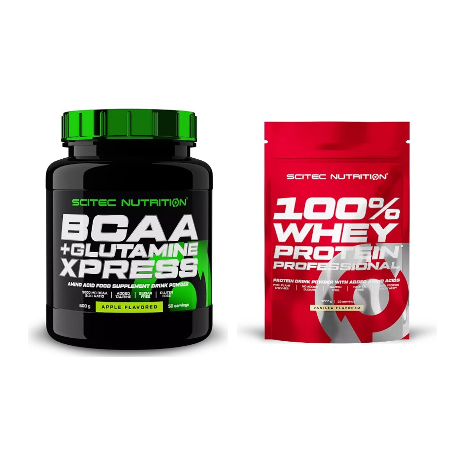 Regenerations-Duo: Scitec BCAA+ Glutamine + Scitec 100% Whey Protein – alle enthaltenen Artikel