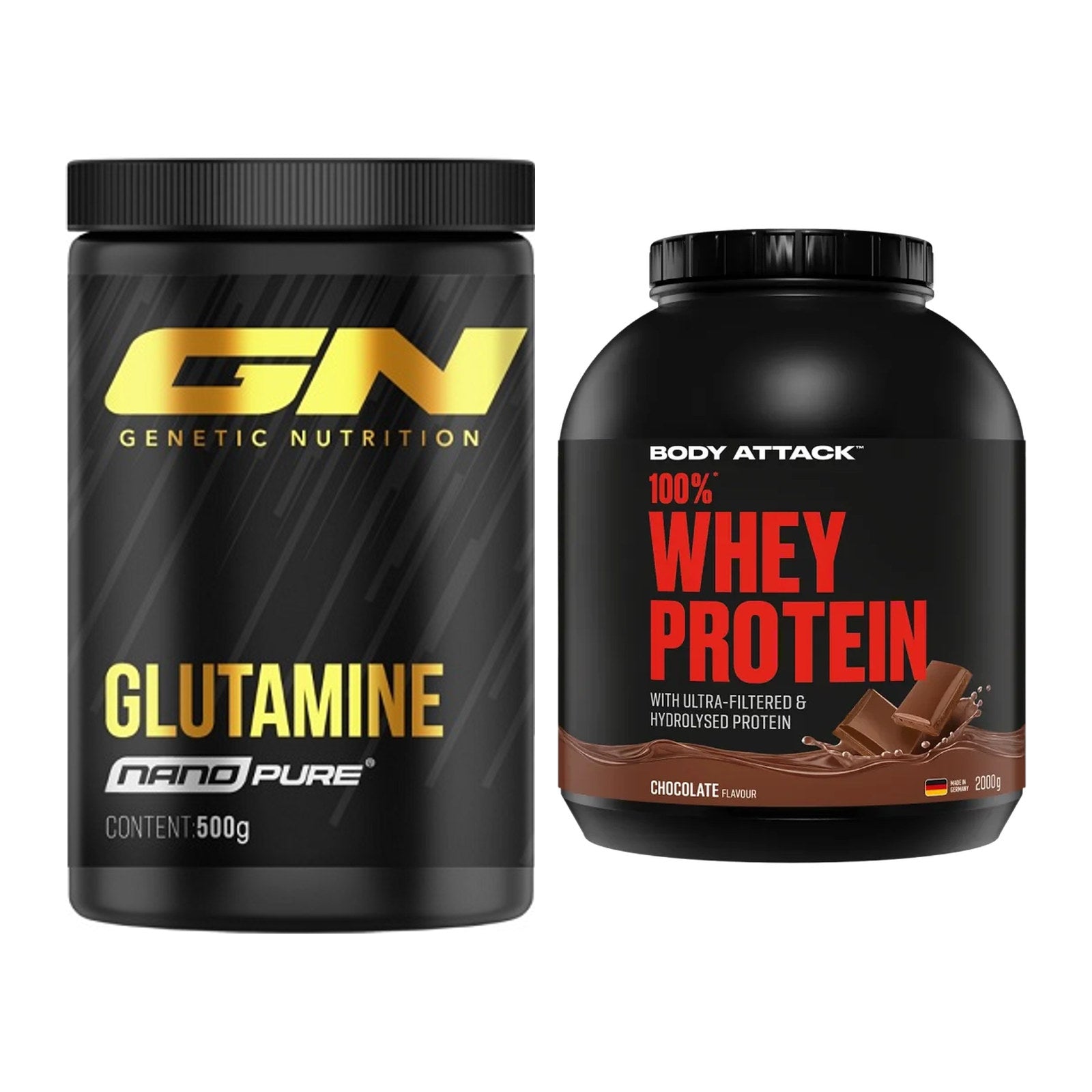 Regenerations-Duo: GN Nano Pure Glutamine + Body Attack 100% Whey – alle enthaltenen Artikel