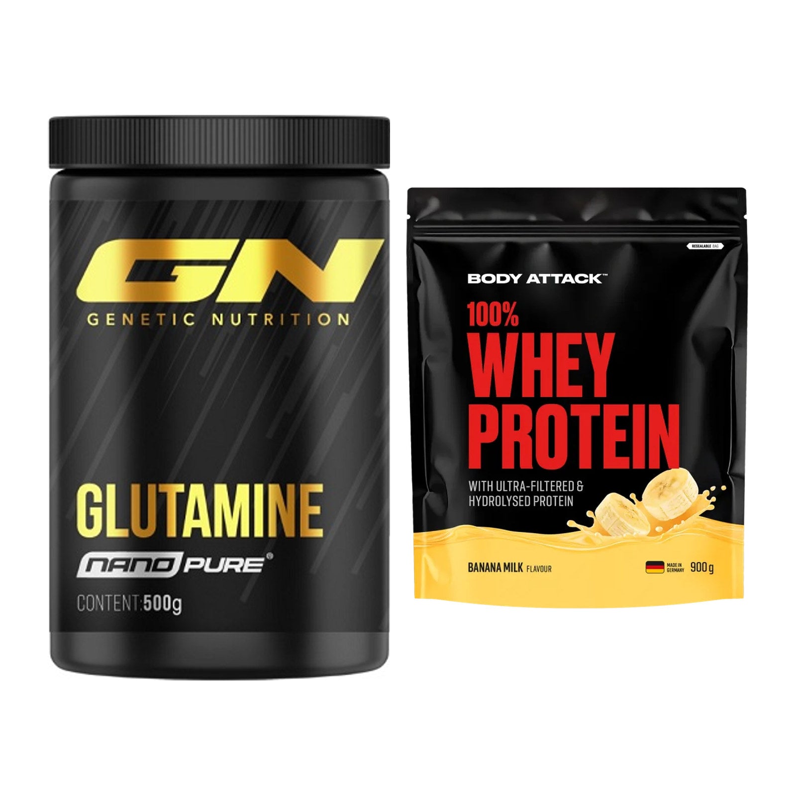 Regenerations-Duo: GN Nano Pure Glutamine + Body Attack 100% Whey – alle enthaltenen Artikel