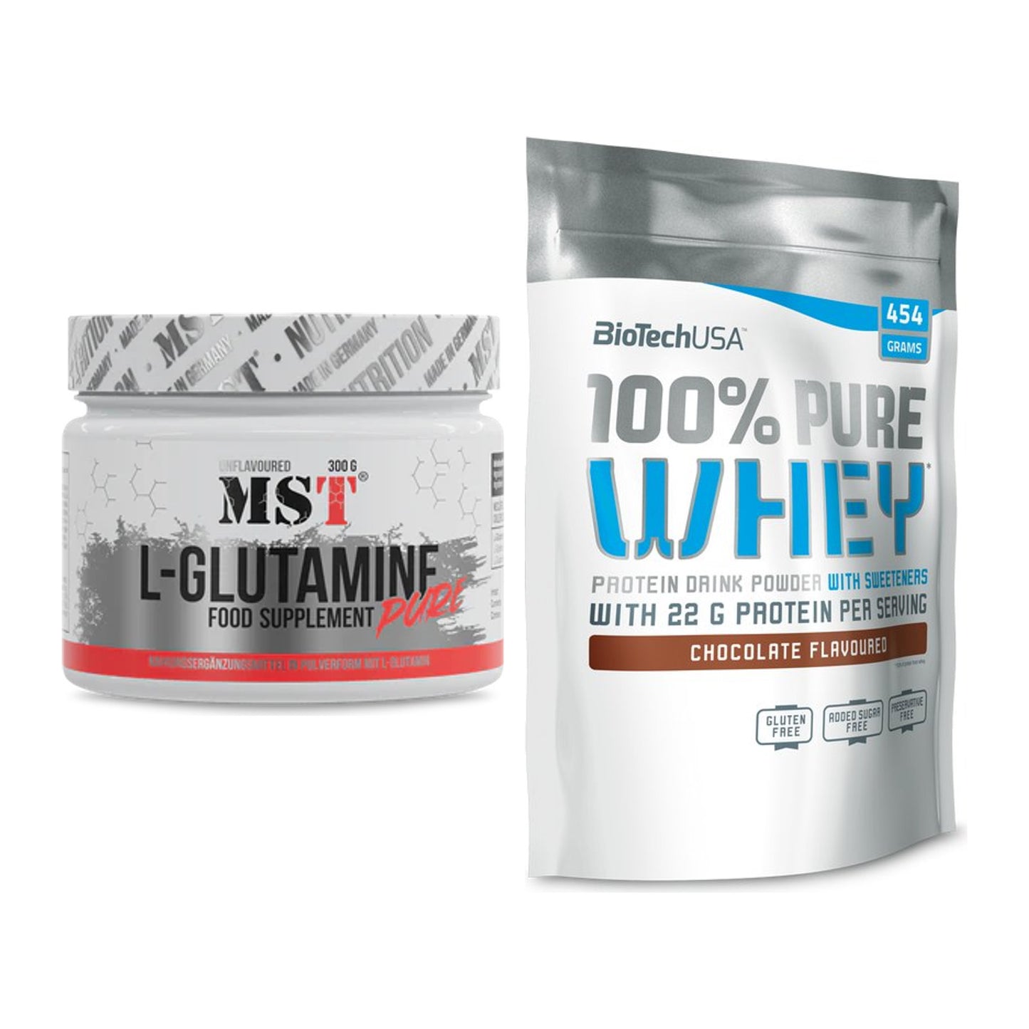Regenerations-Duo: MST Glutamine + BioTech 100% Pure Whey – alle enthaltenen Artikel