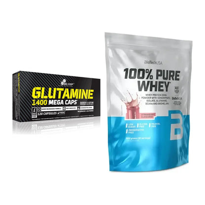 Regenerations-Duo: Olimp L-Glutamine Mega + BioTech 100% Pure Whey – alle enthaltenen Artikel