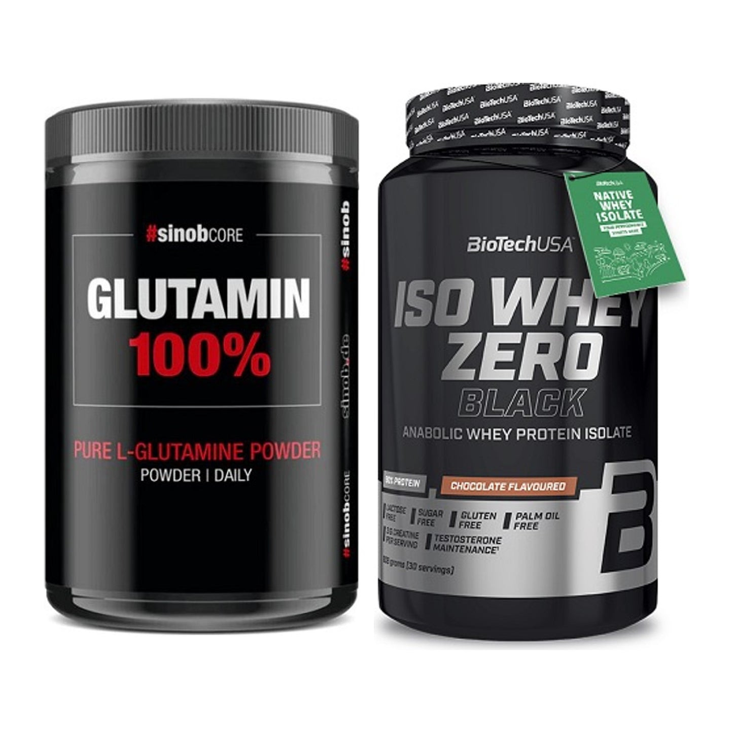 Regenerations-Duo: Sinob Core L-Glutamin + BioTech Iso Whey Zero Black – alle enthaltenen Artikel