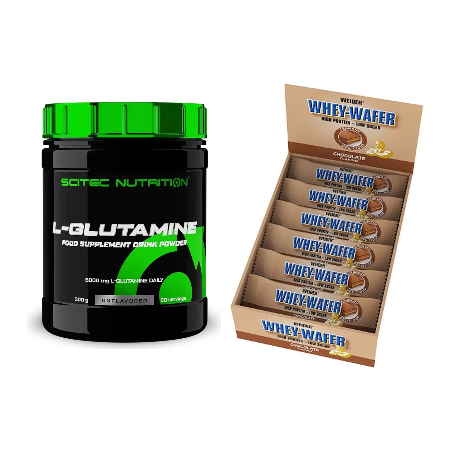 Regenerations-Duo: Scitec L-Glutamin + Weider Whey Wafer – alle enthaltenen Artikel