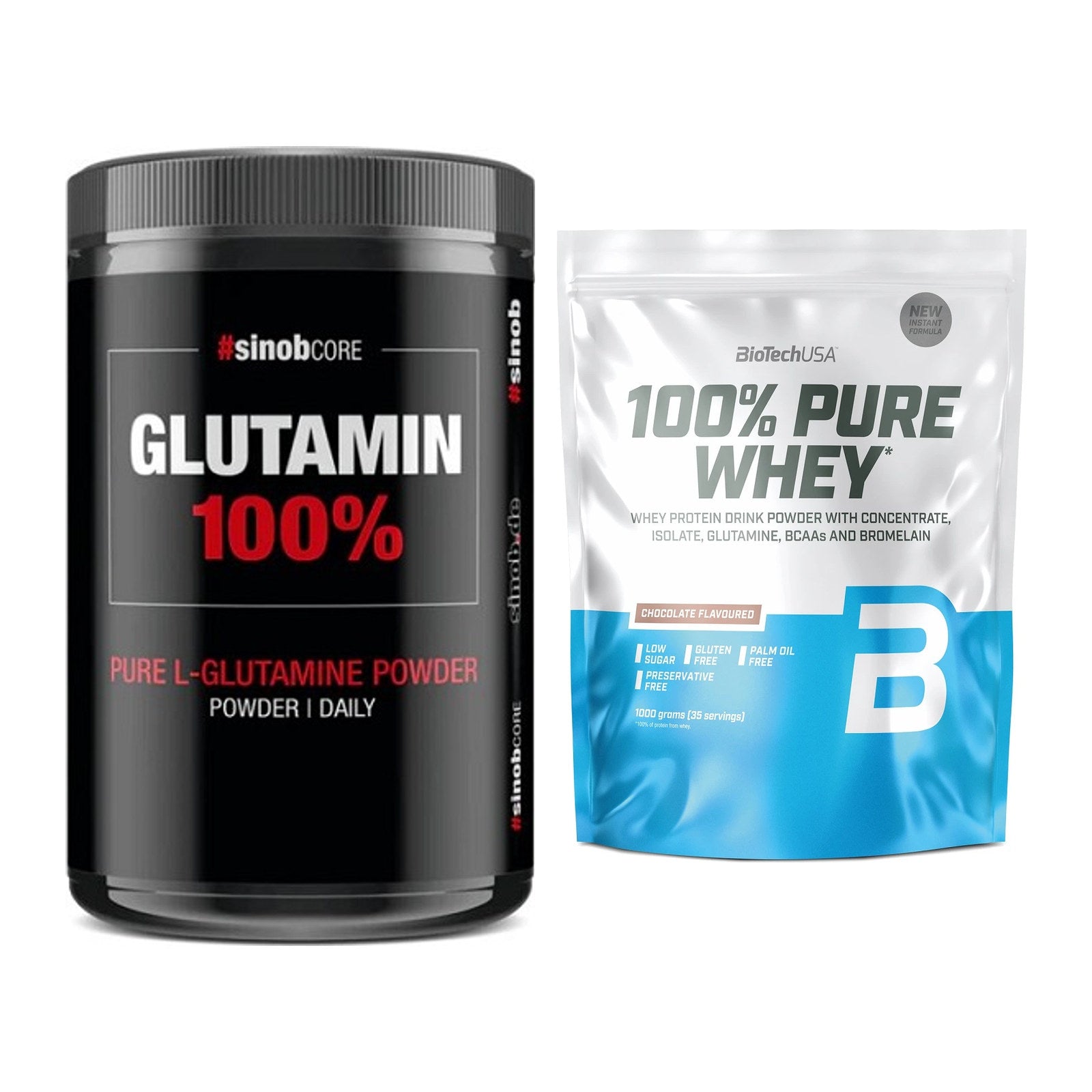 Regenerations-Duo: Sinob Core L-Glutamin + BioTech 100% Pure Whey – alle enthaltenen Artikel