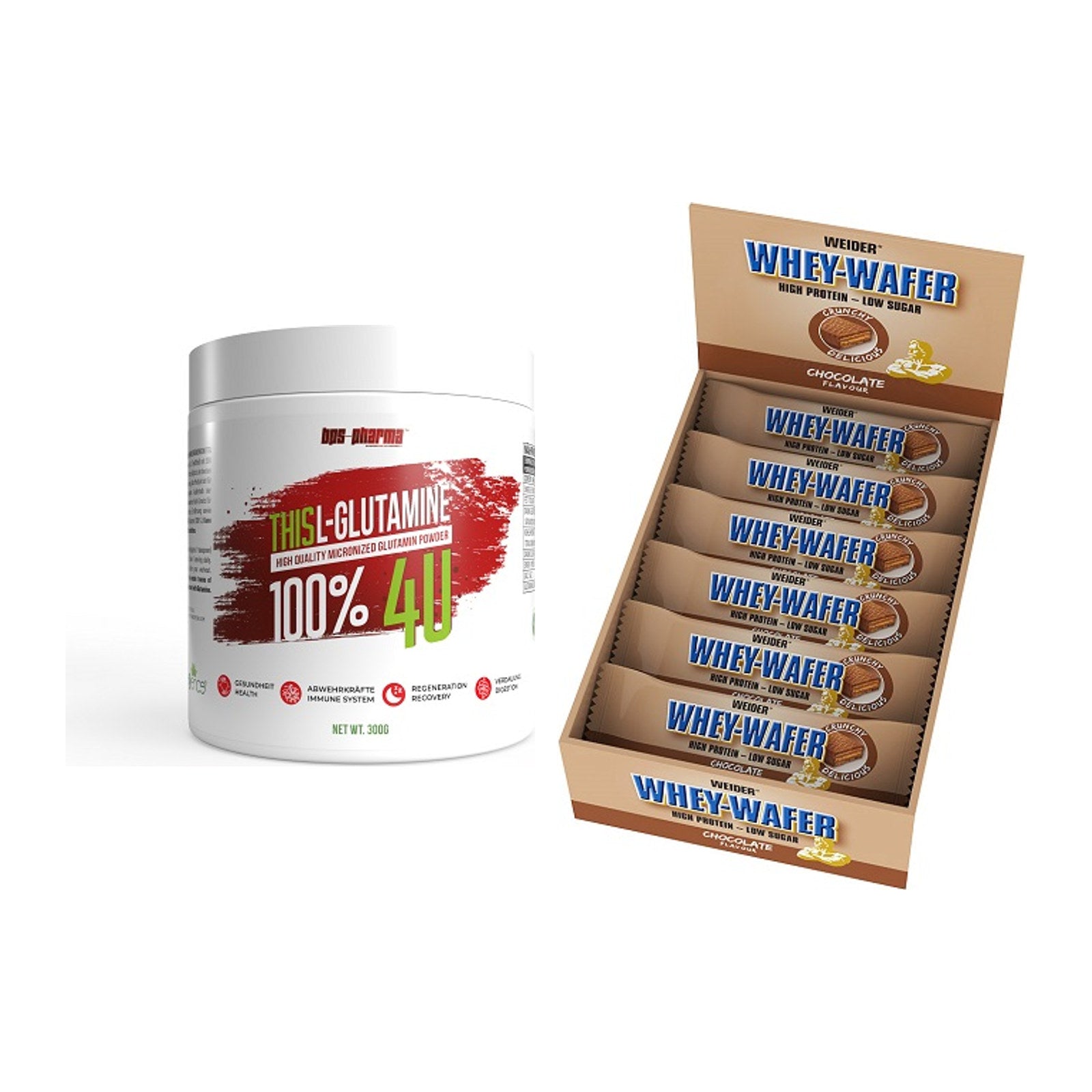 Regenerations-Duo: BPS-Pharma This Glutamin + Weider Whey Wafer – alle enthaltenen Artikel