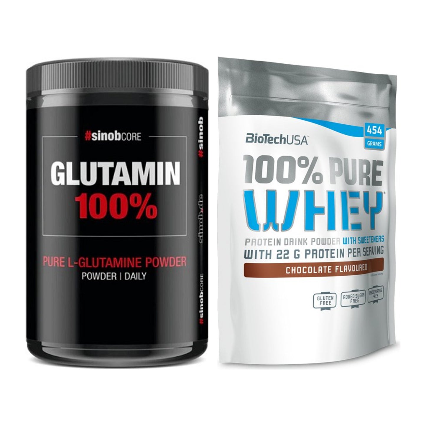 Regenerations-Duo: Sinob Core L-Glutamin + BioTech 100% Pure Whey – alle enthaltenen Artikel