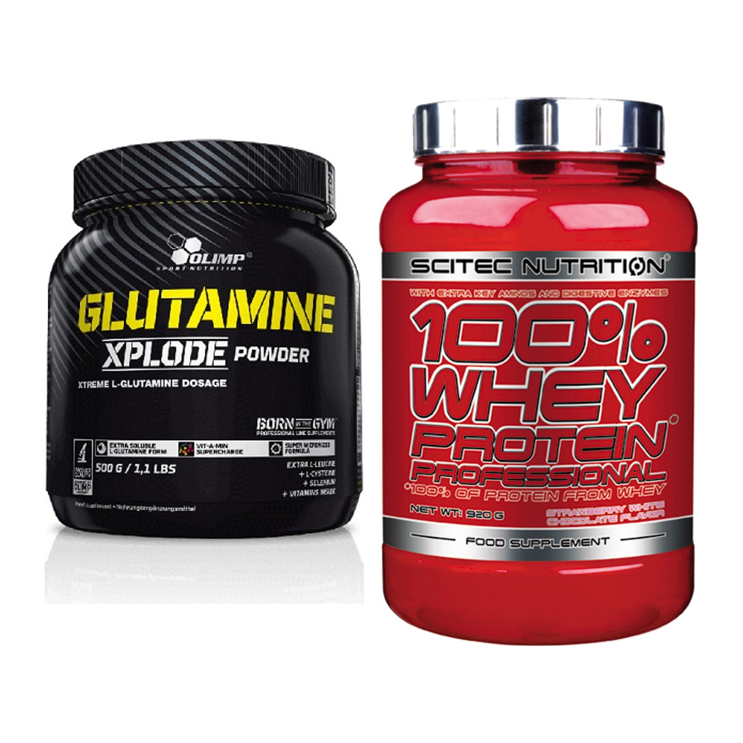 Regenerations-Duo: Olimp L-Glutamine Xplode + Scitec 100% Whey – alle enthaltenen Artikel