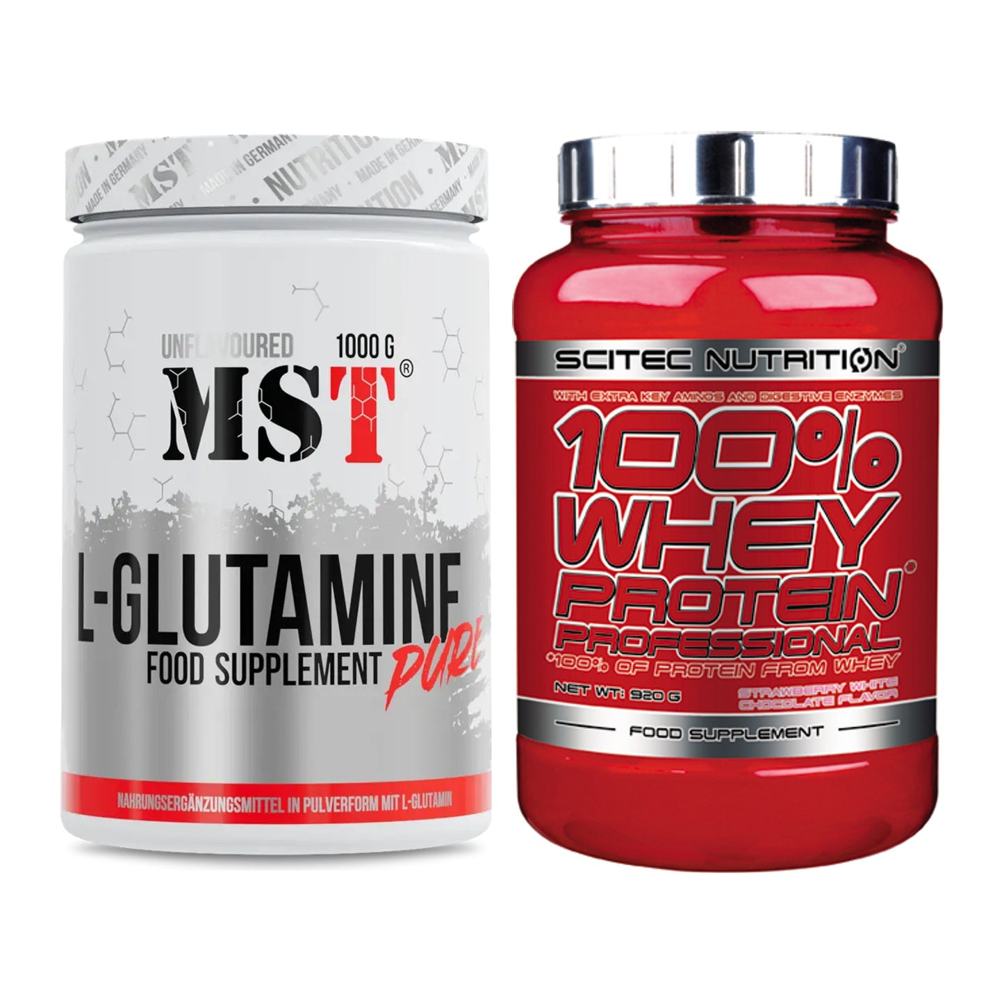 Regenerations-Duo: MST Glutamine + Scitec 100% Whey Professional – alle enthaltenen Artikel