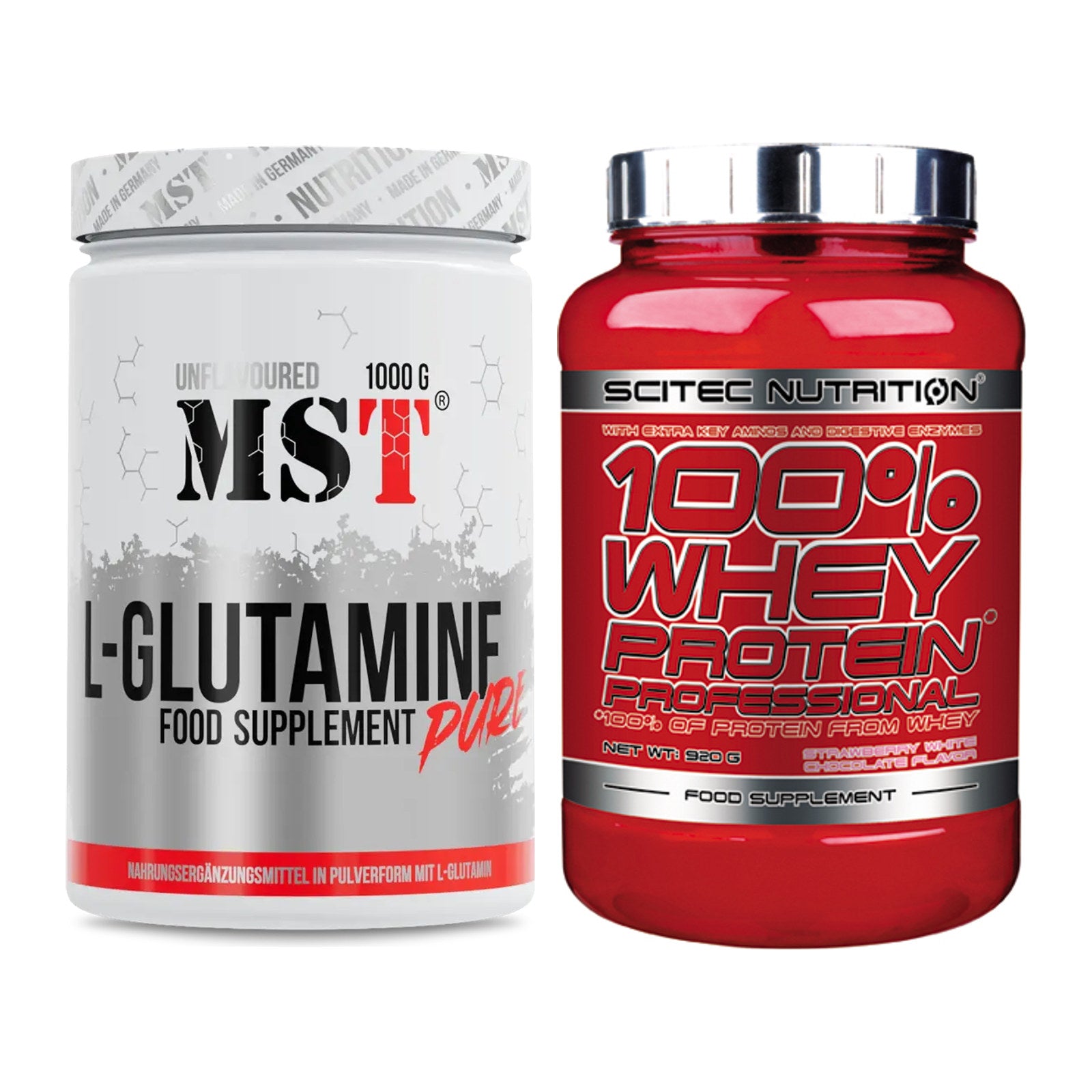 Regenerations-Duo: MST Glutamine + Scitec 100% Whey Professional – alle enthaltenen Artikel