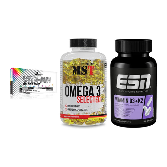 Grundversorgung: Olimp Vita-Min + MST Omega 3 + ESN Vitamin D3 – alle enthaltenen Artikel
