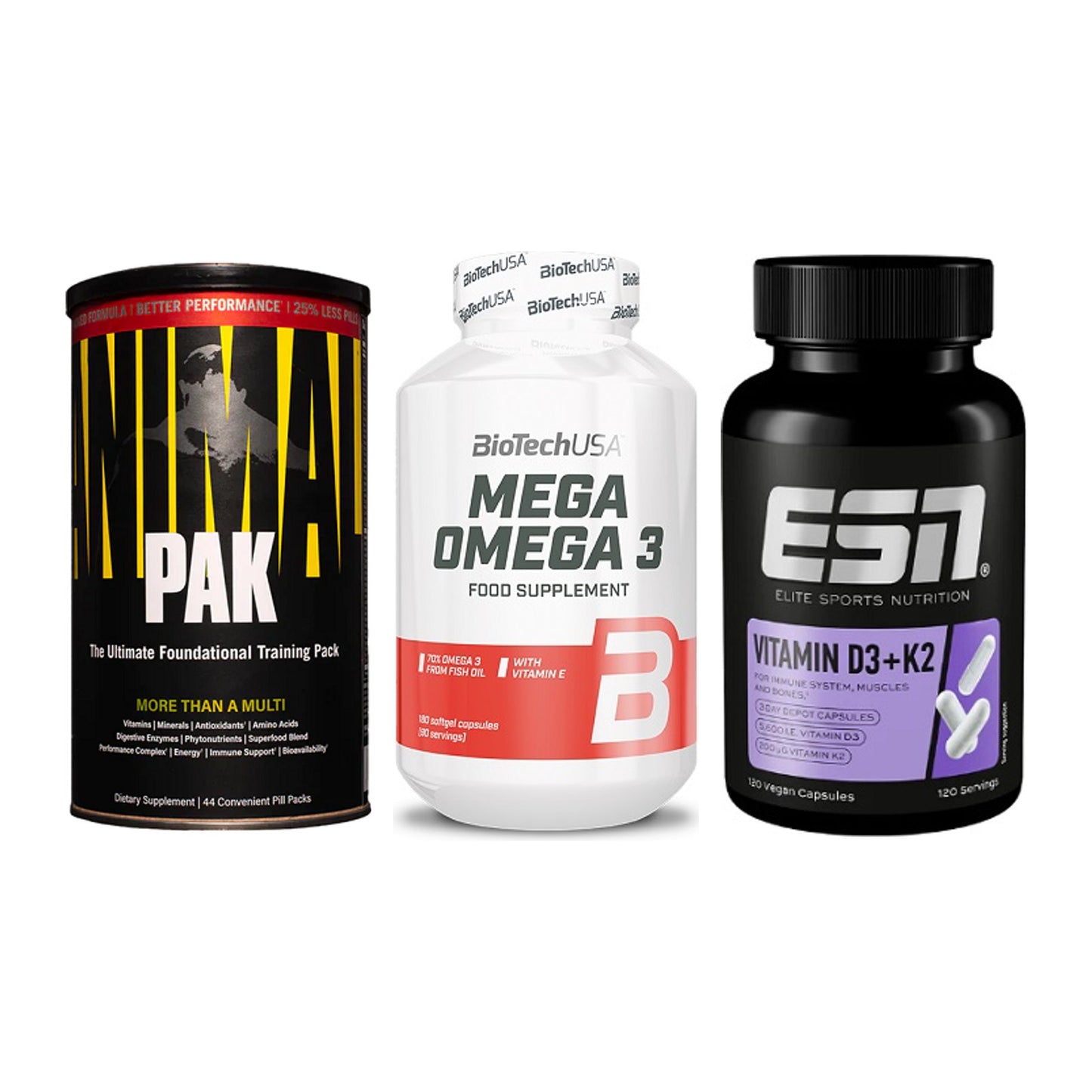 Grundversorgung: Universal + BioTech Mega + ESN Vitamin D3 – alle enthaltenen Artikel