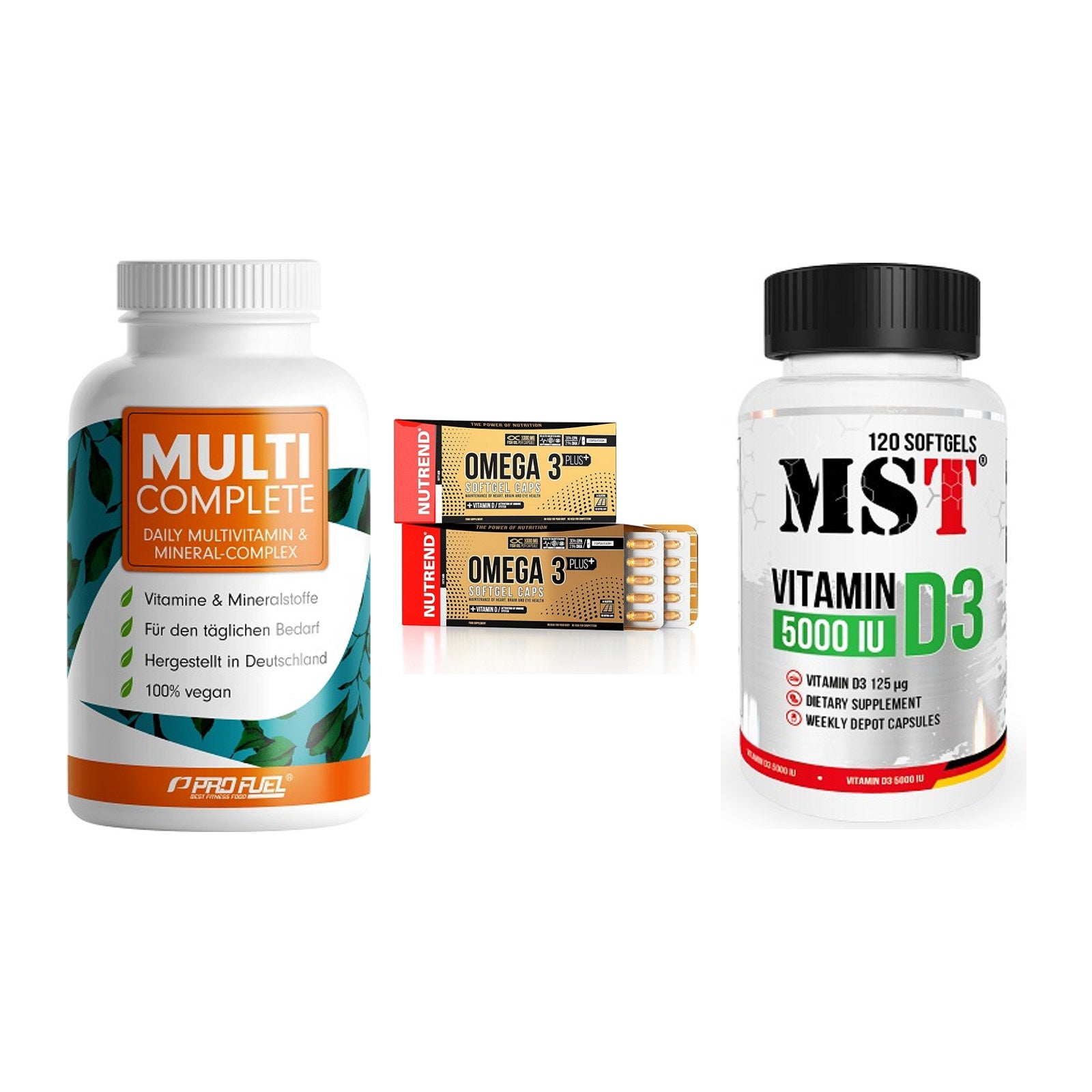 Grundversorgung: ProFuel MULTI + Nutrend Omega 3 + MST Vitamin D3 – alle enthaltenen Artikel