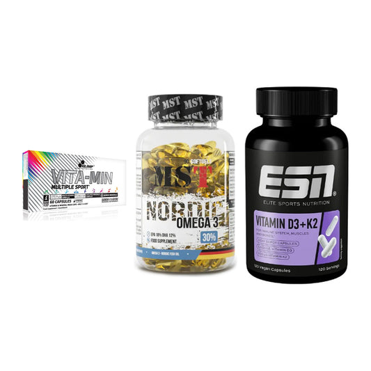 Grundversorgung: Olimp Vita-Min + MST Omega 3 + ESN Vitamin D3 – alle enthaltenen Artikel