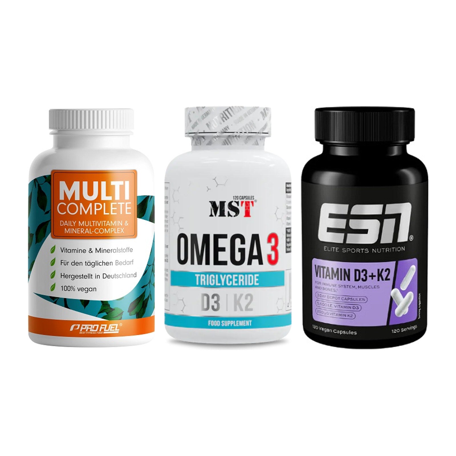 Grundversorgung: ProFuel MULTI + MST Omega 3 500 + ESN Vitamin D3 – alle enthaltenen Artikel