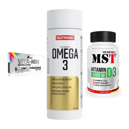 Grundversorgung: Olimp Vita-Min + Nutrend Omega 3 + MST Vitamin D3 – alle enthaltenen Artikel